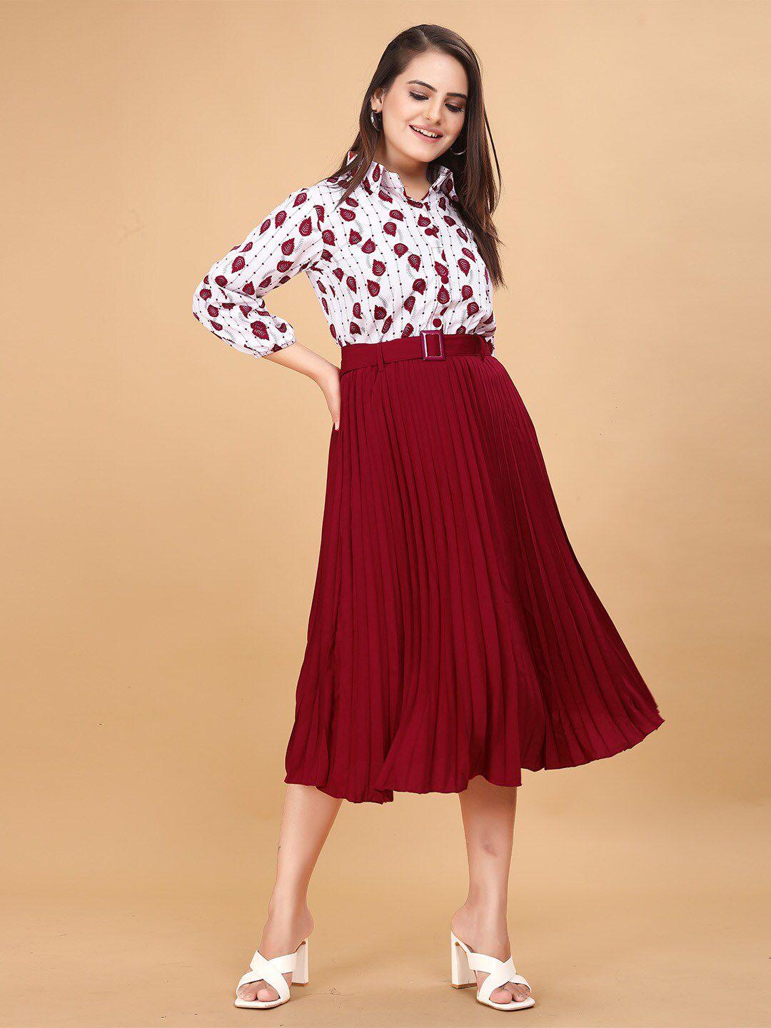 deklook maroon print crepe fit & flare midi dress