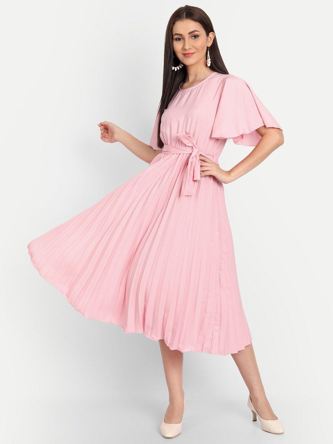 deklook pink striped flared sleeve crepe fit & flare midi dress