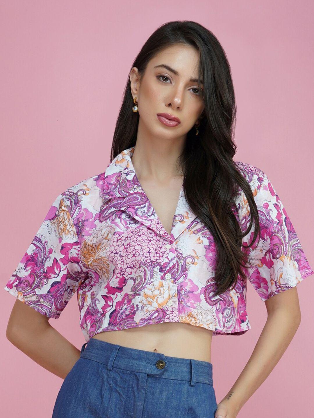 delan pink floral print linen shirt style crop top