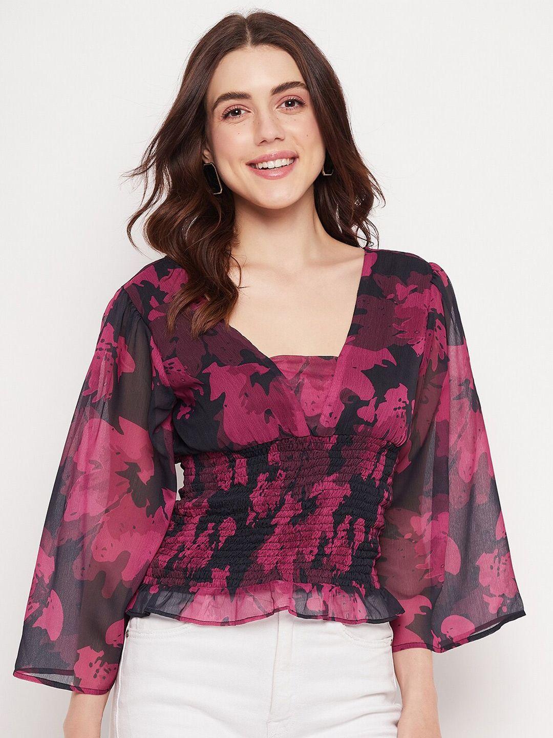 delan abstract printed flared sleeve smocked top