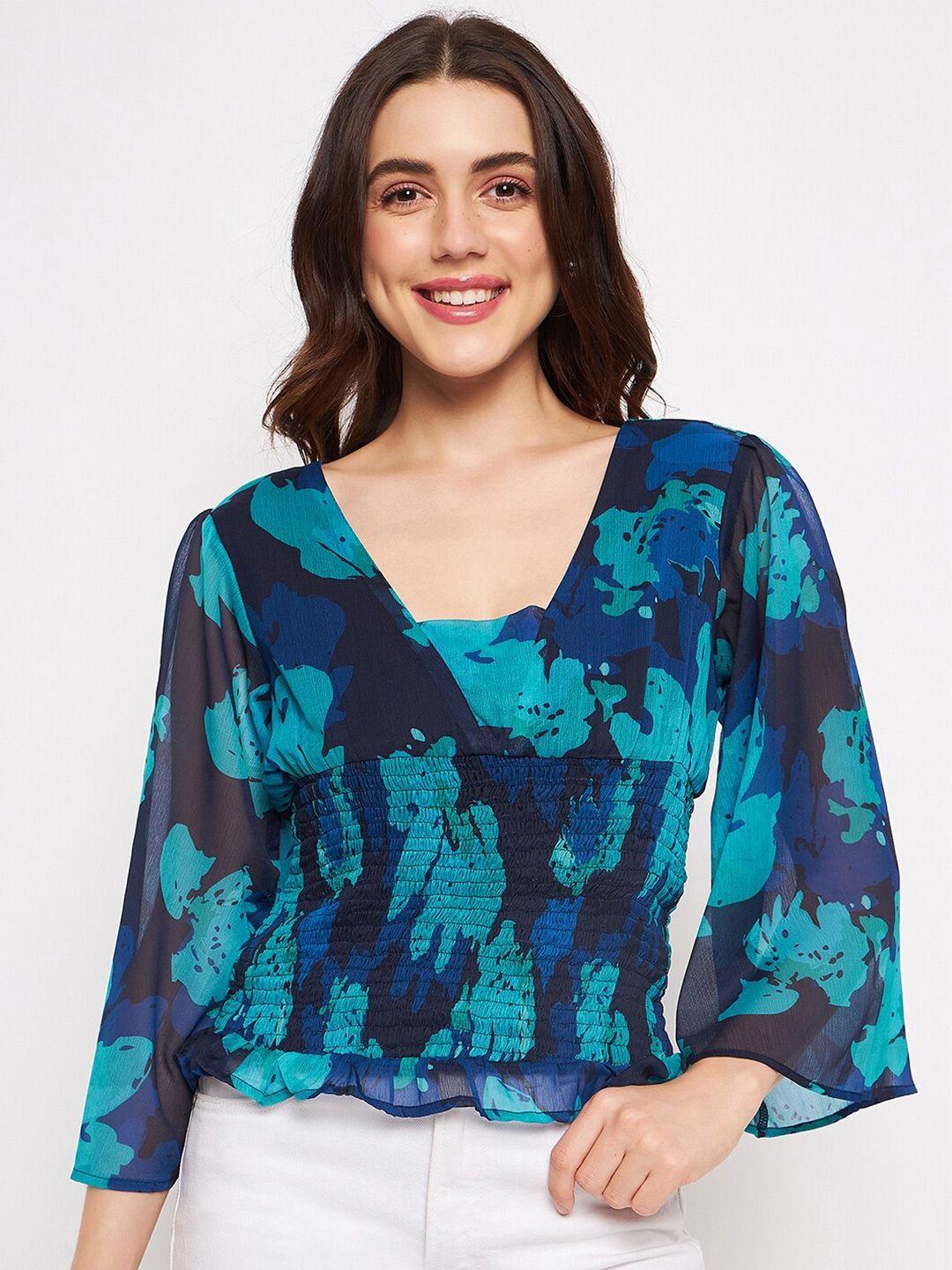 delan abstract printed flared sleeve smocked top
