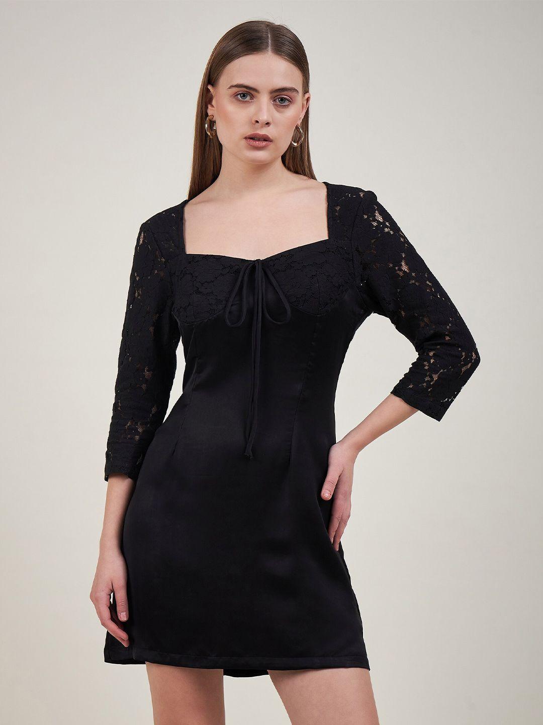 delan black & black satin fit & flare mini dress