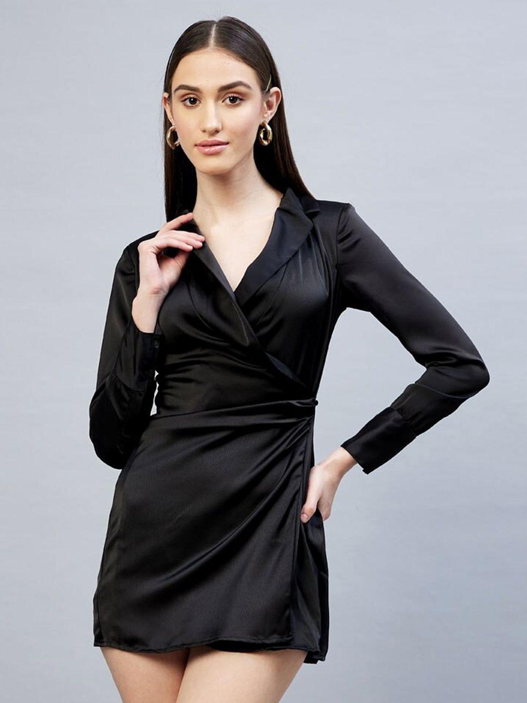 delan black print satin sheath dress