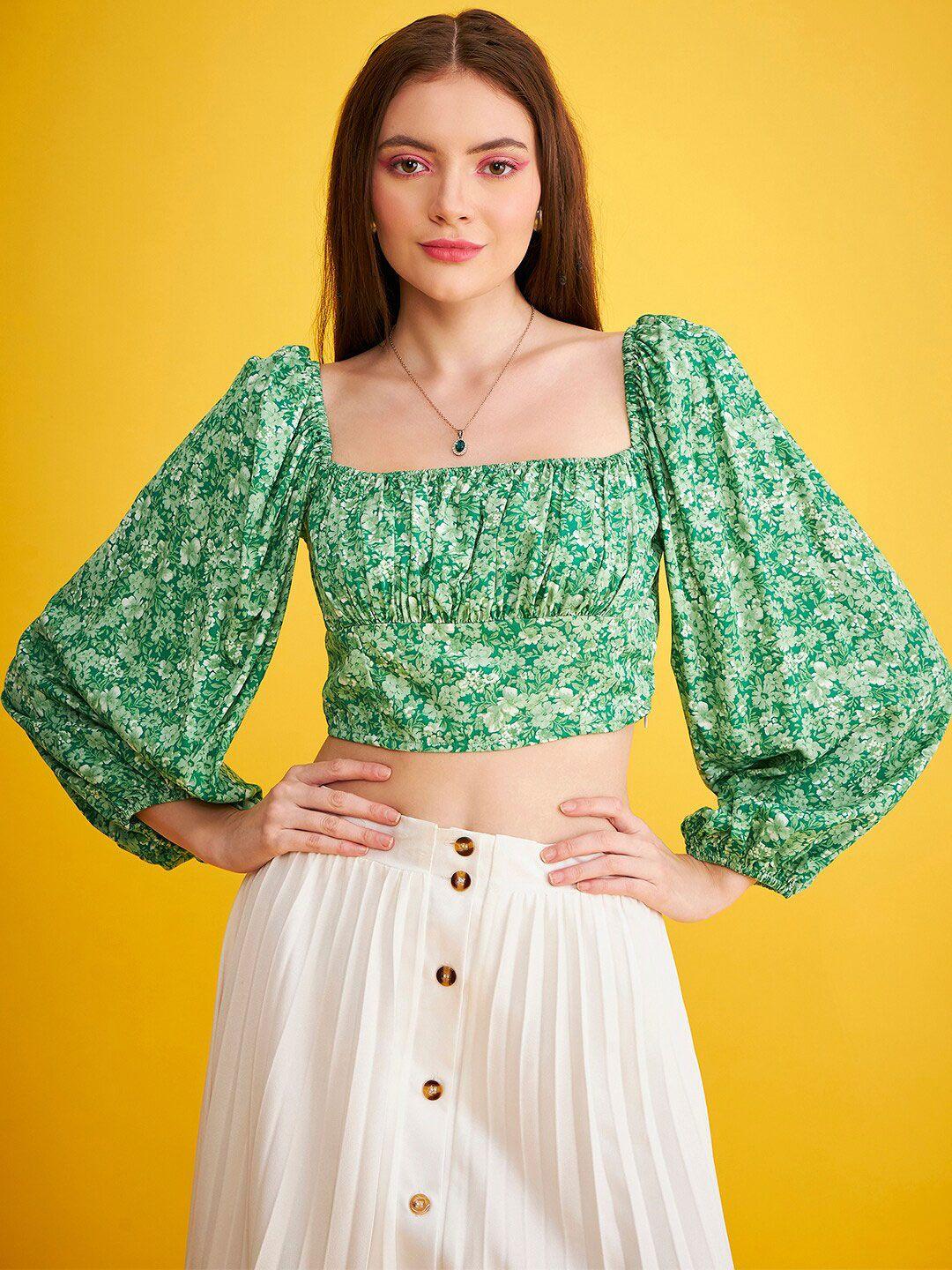 delan floral printed puff sleeves gathered or pleated empire crop top