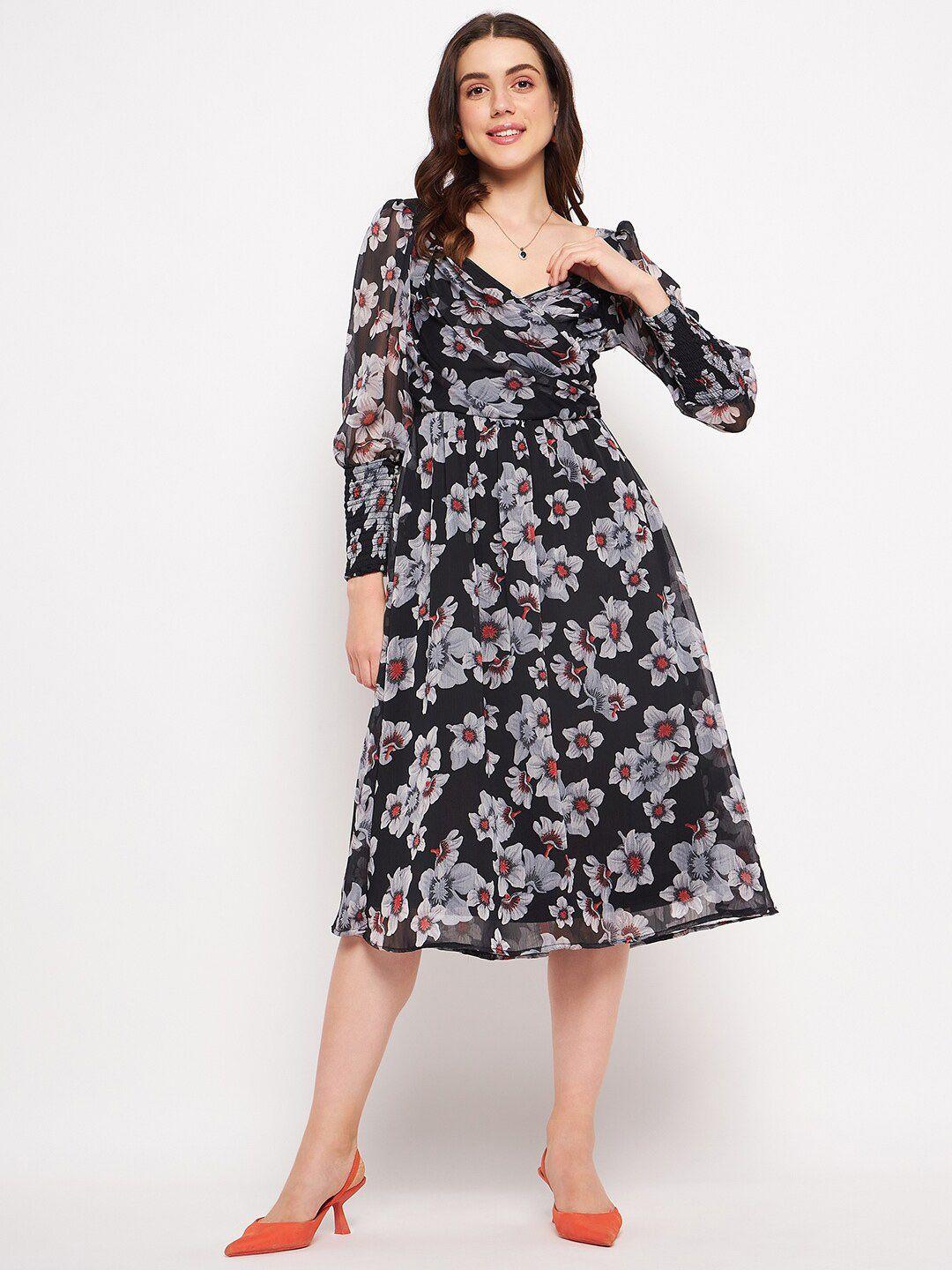 delan floral printed v- neck smocked pleated & cut out fit & flare dress