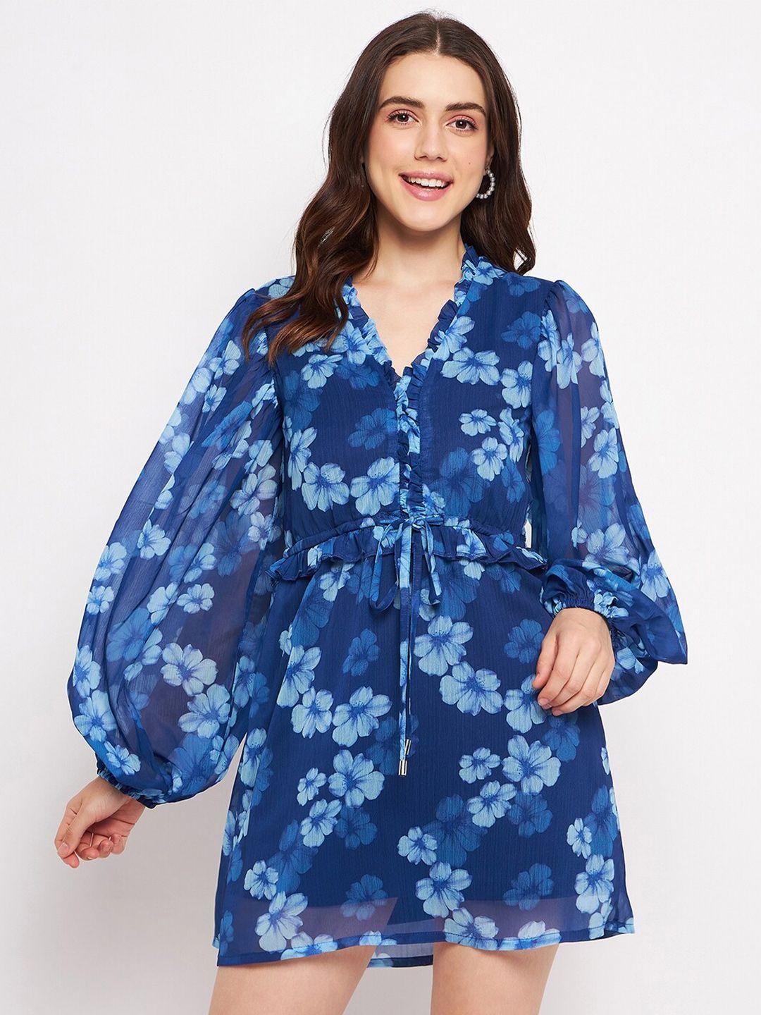 delan floral printed v-neck puff sleeve ruffled & tie up chiffon a-line dress