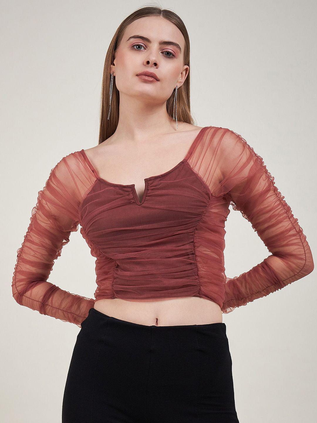 delan peach-coloured & peach-coloured extended sleeves net blouson crop top