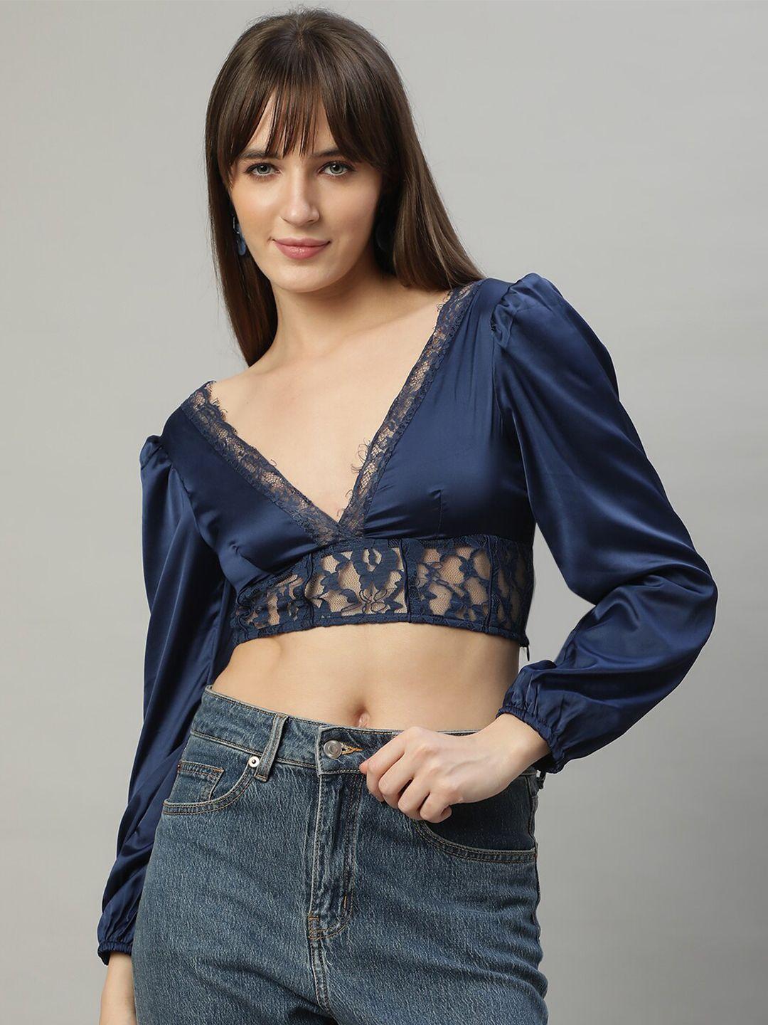 delan puff sleeve v-neck laced blouson satin crop top