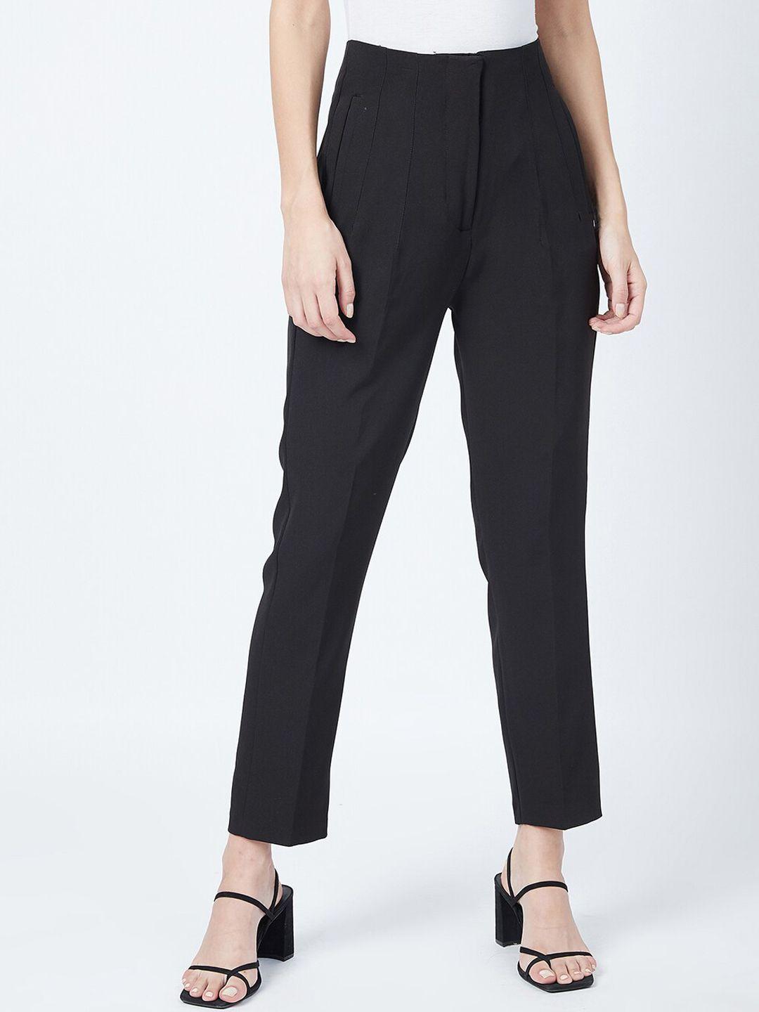 delan women black relaxed slim fit high-rise easy wash trousers