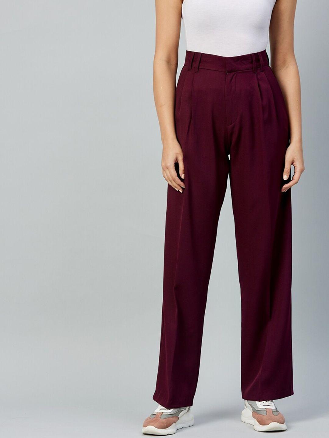 delan women maroon relaxed straight fit high-rise easy wash pleated trousers