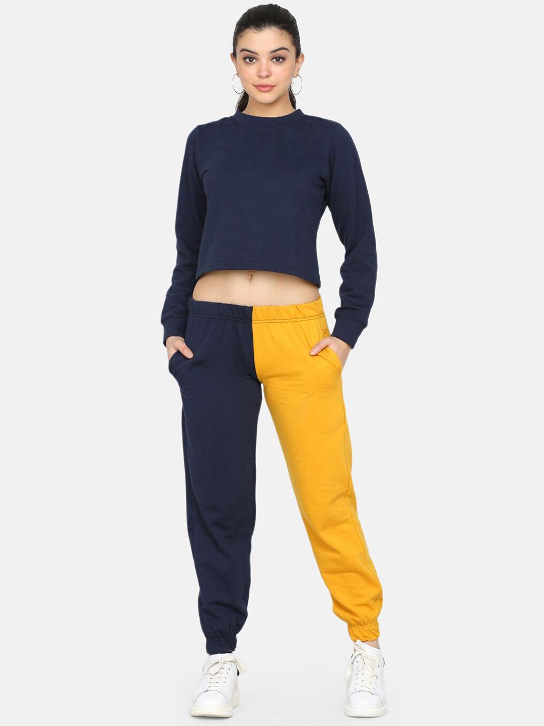 delan women navy blue & yellow color blocked co-ords