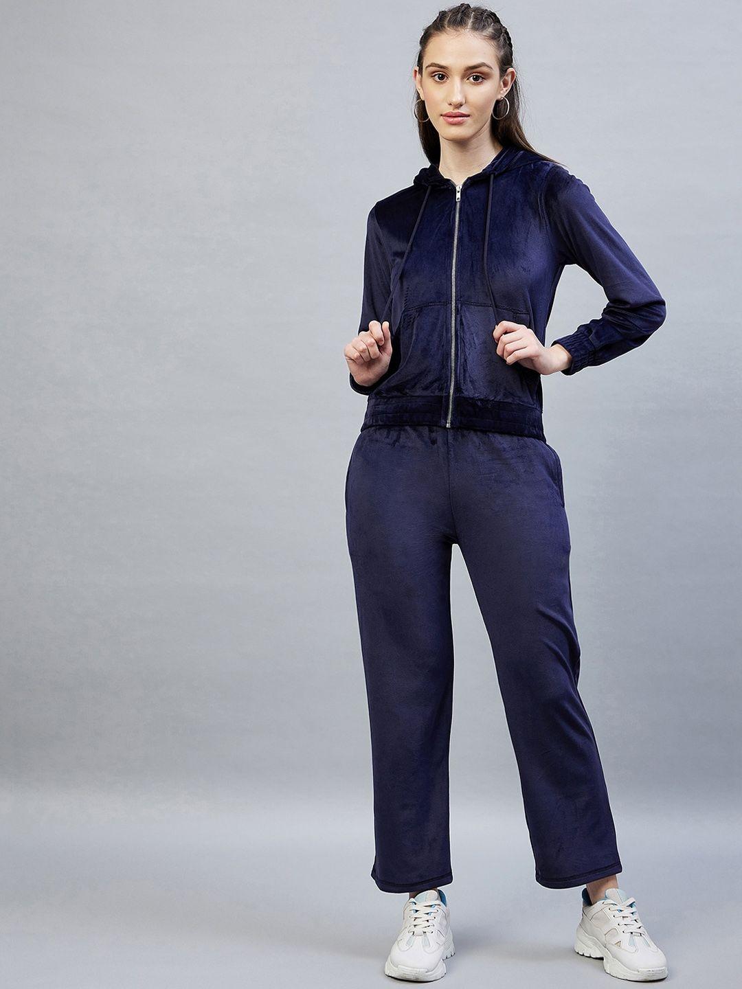 delan women navy blue top & trouser with sweatshirt co-ords set