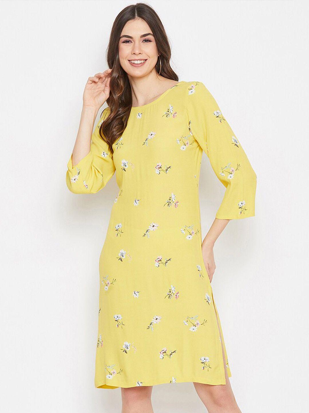 delan yellow print crepe sheath dress