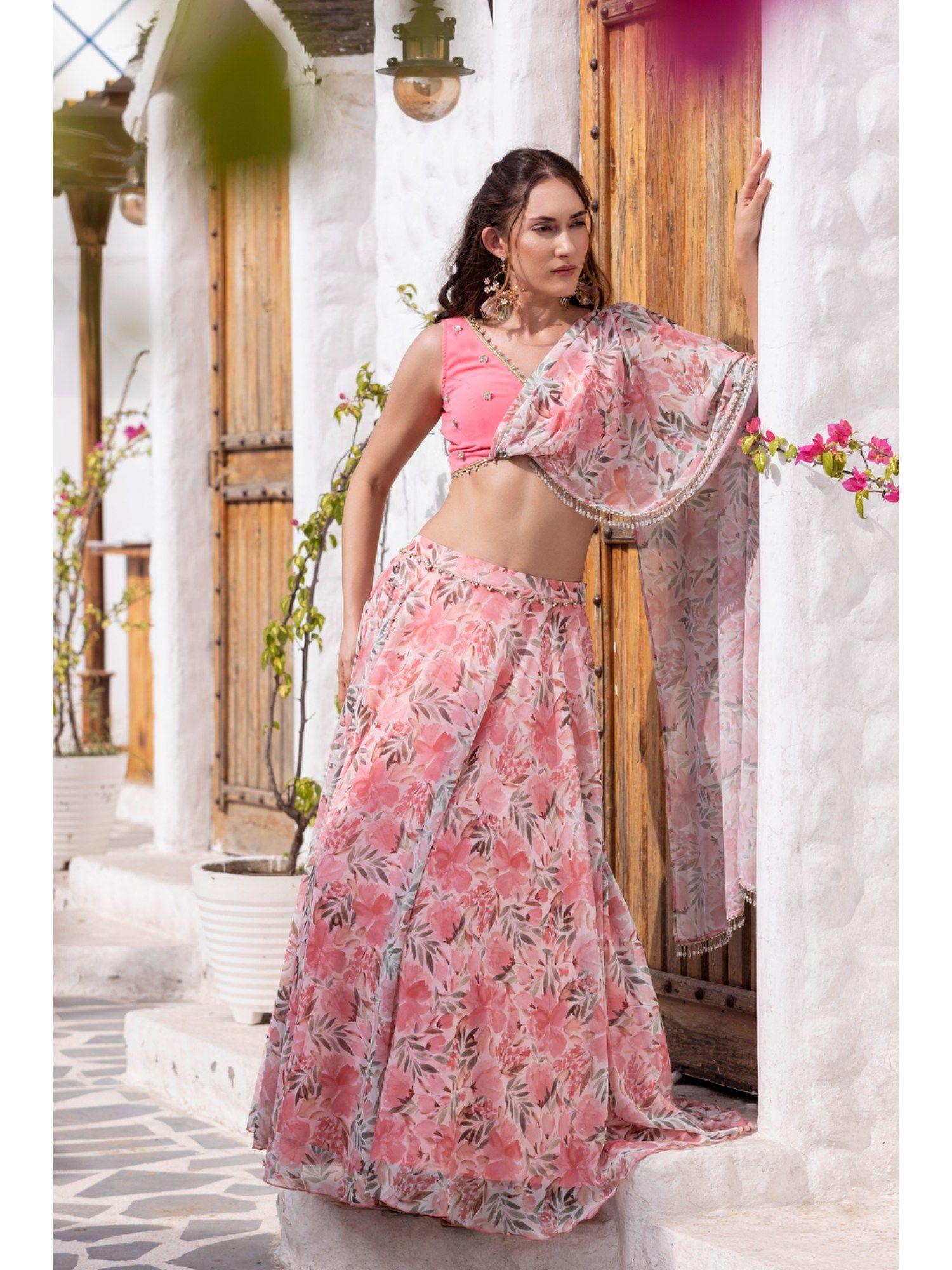 delicate dahlia pink draped blouse with lehenga (set of 2)