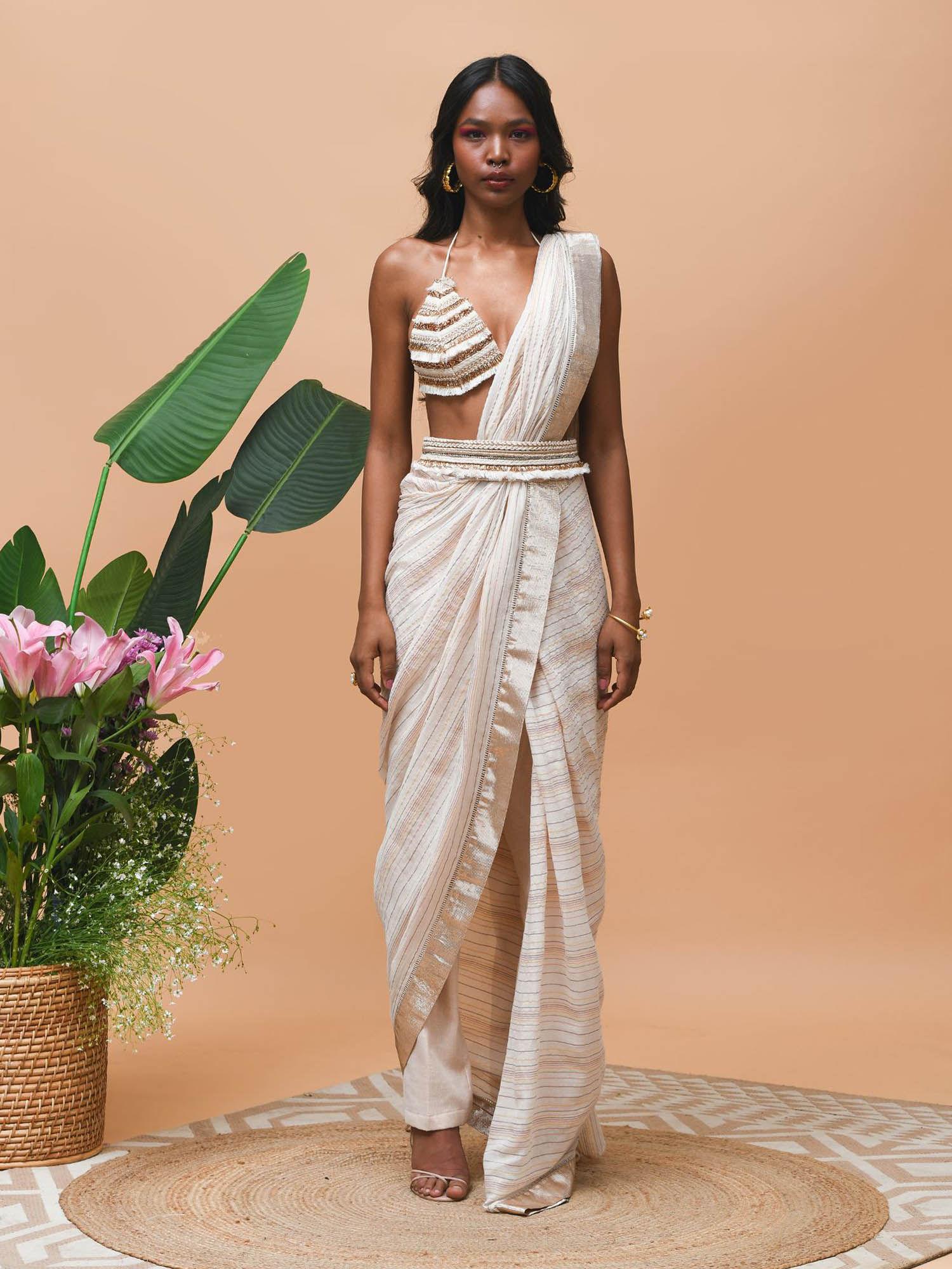 delilah rose gold belt saree with stitched blouse