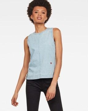 deline sleeveless panelled top with frayed seams