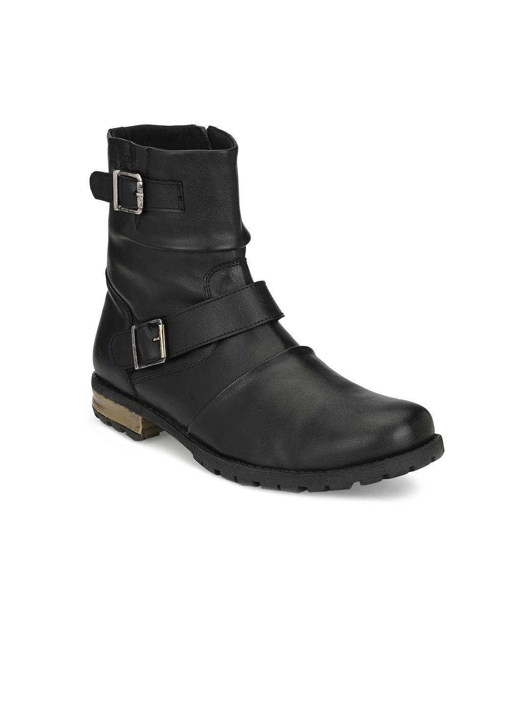 delize men black solid leather high-top flat boots