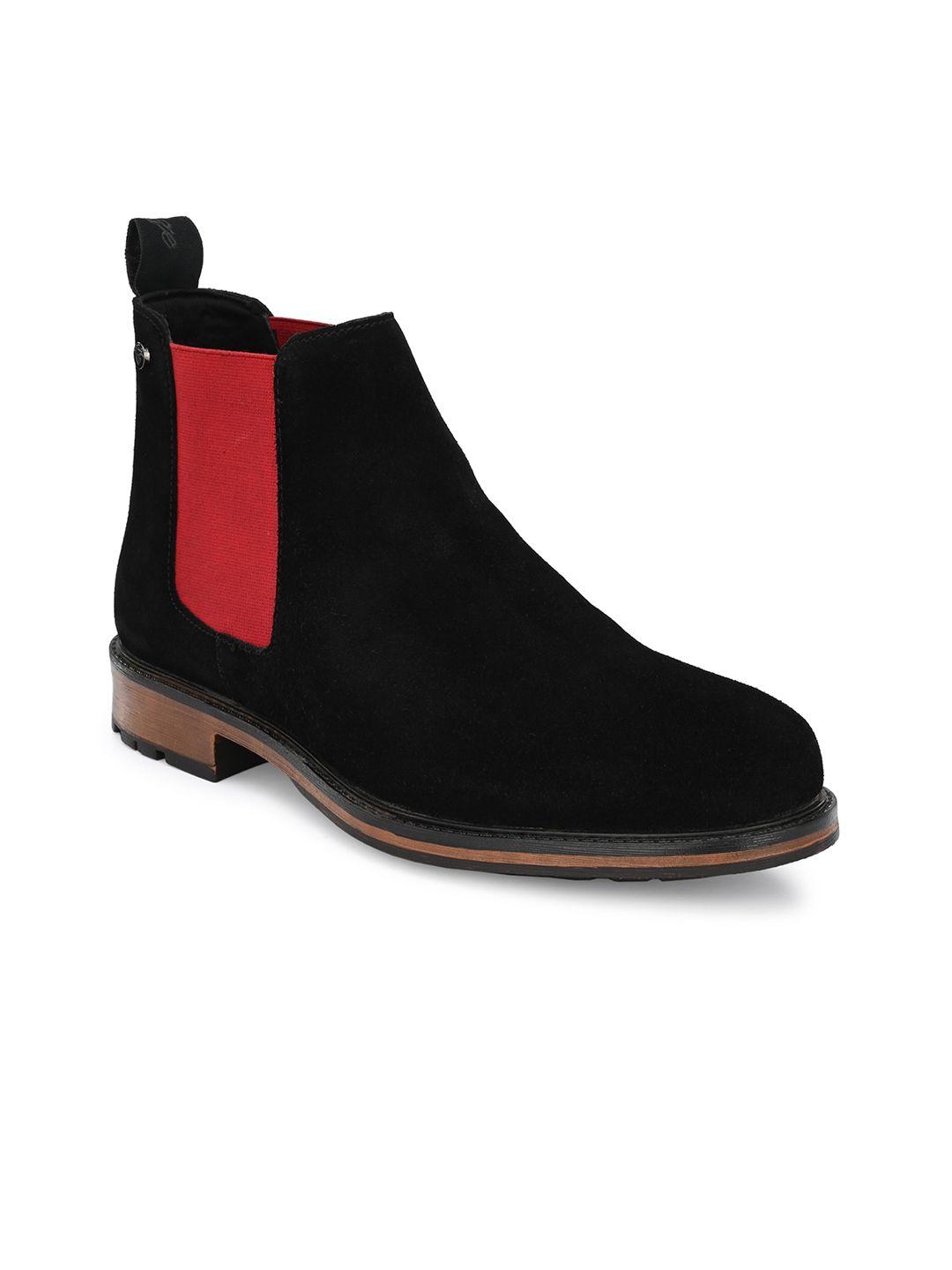 delize men black & red solid leather mid-top flat boots