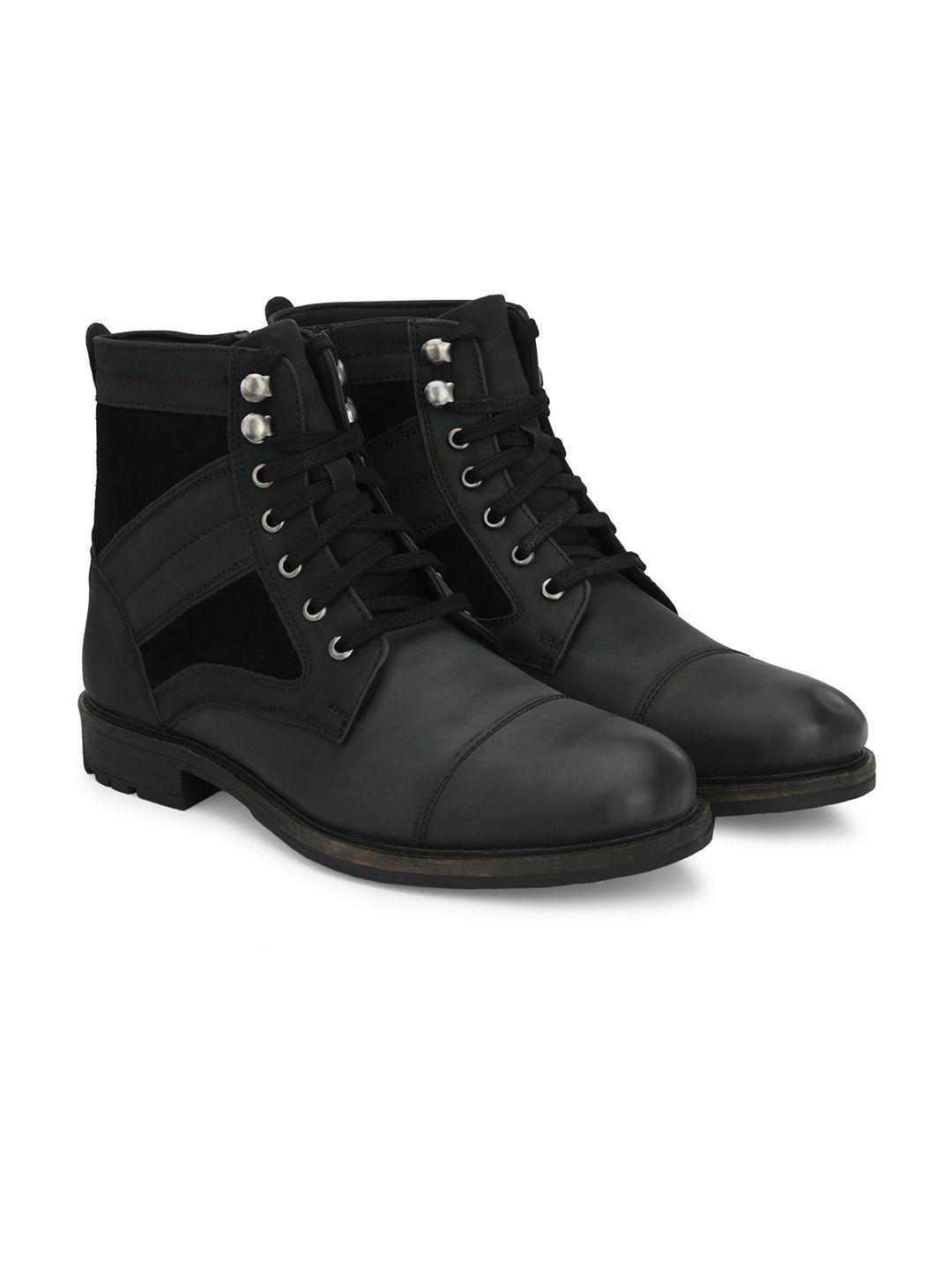 delize men black solid mid top leather biker boots