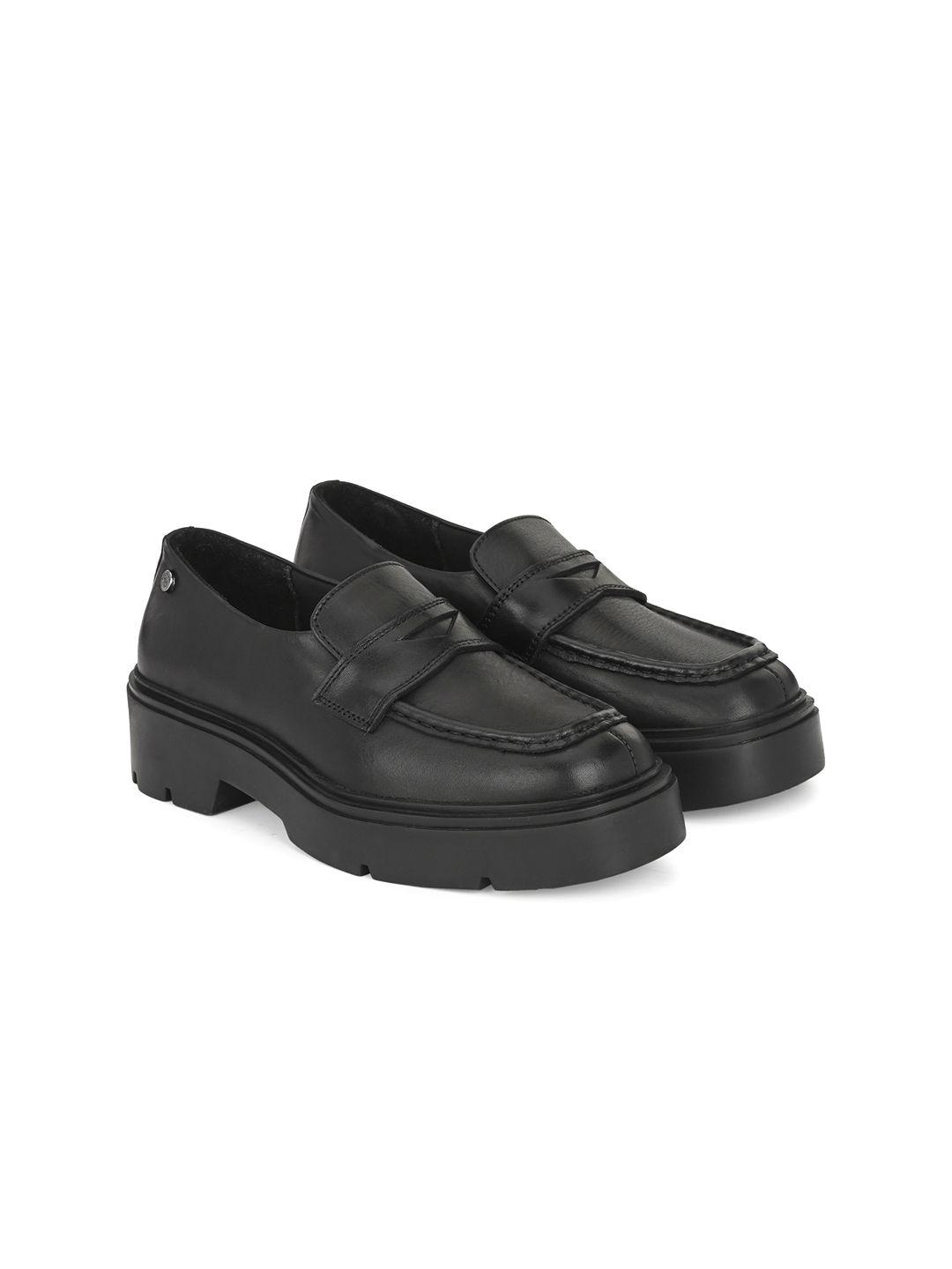 delize women black leather loafers