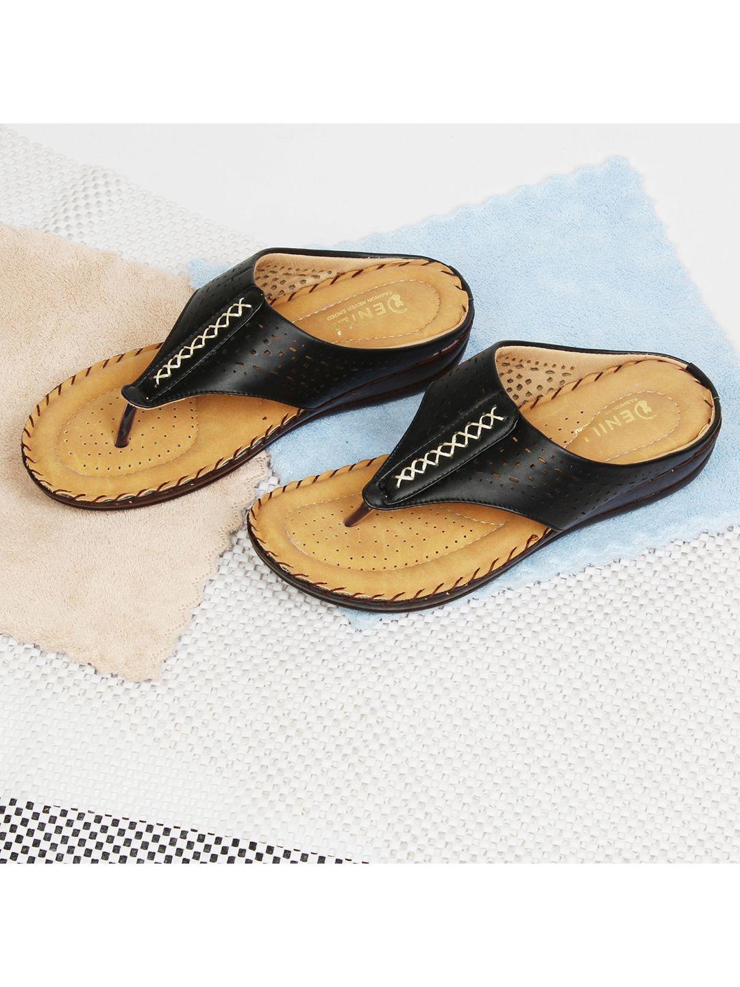 denill black & brown comfort sandals with laser cuts