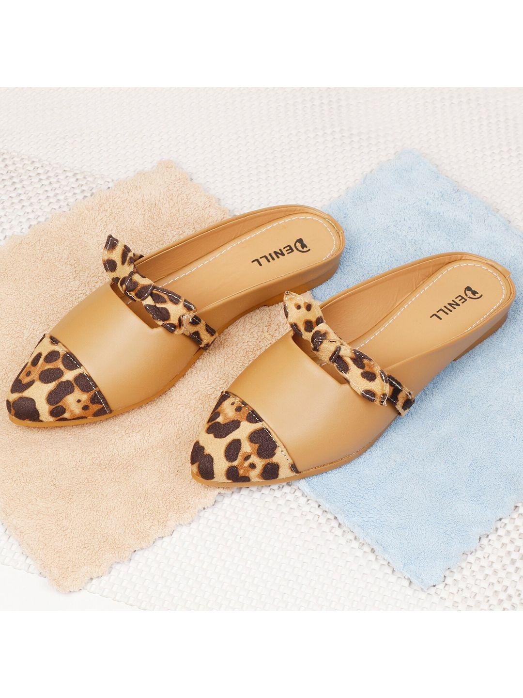 denill women beige animal print mules with bows flats