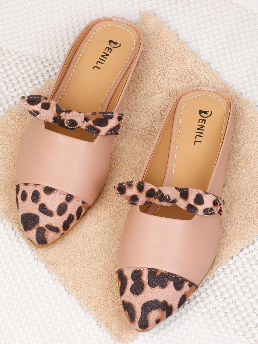 denill women peach-coloured printed mules with bows flats