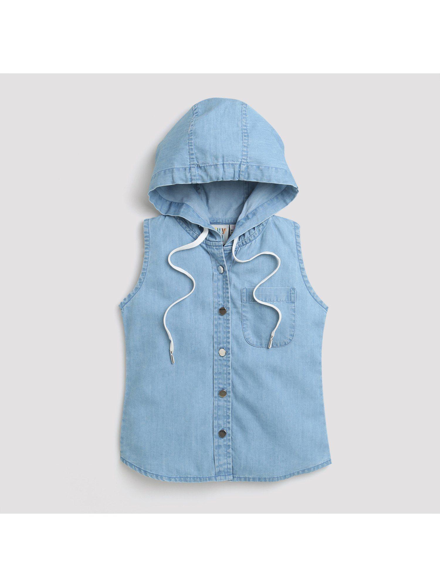 denim hooded sleeveless top - blue