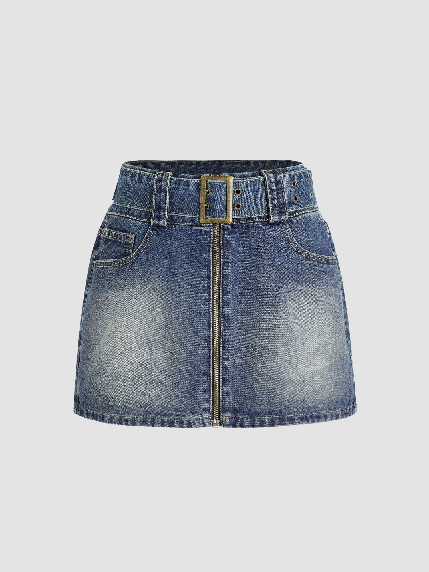 denim zip up belted mini skirt (set of 2)