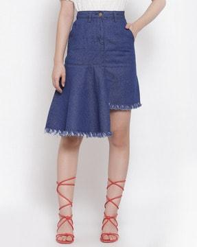 denim a-line skirt with frayed asymmetrical hem