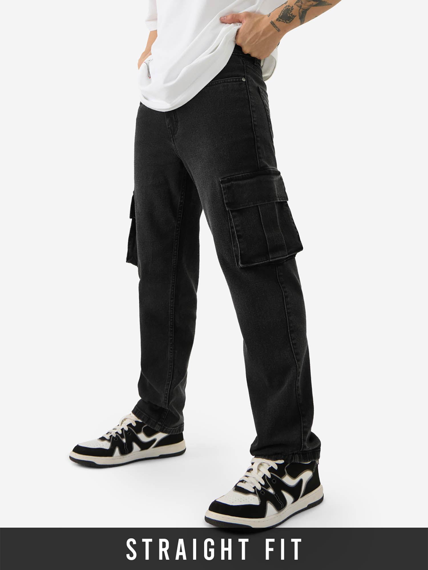 denim black straight fit men cargo jeans