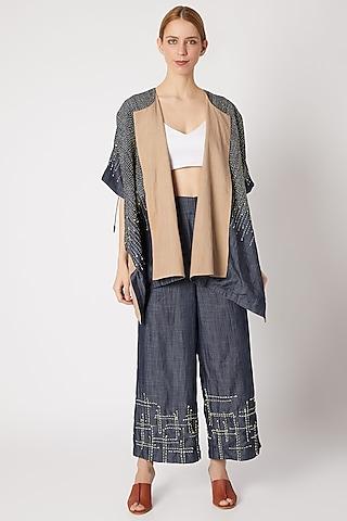 denim blue & beige embroidered reversible jacket for girls