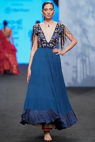 denim blue ajrakh & gajji silk embellished maxi dress