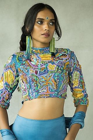 denim blue cupro satin hand embroidered blouse