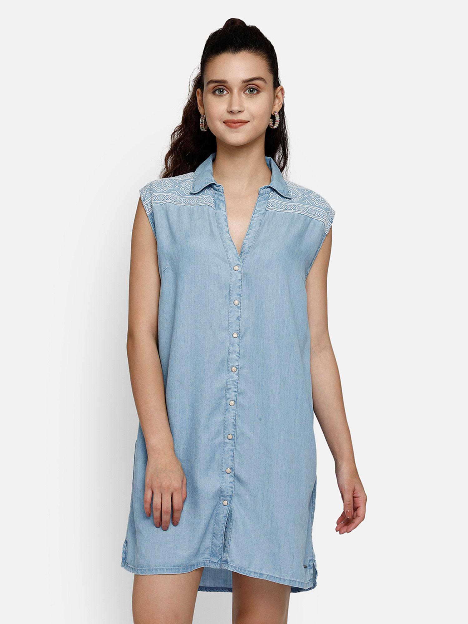 denim blue midi shirt dress