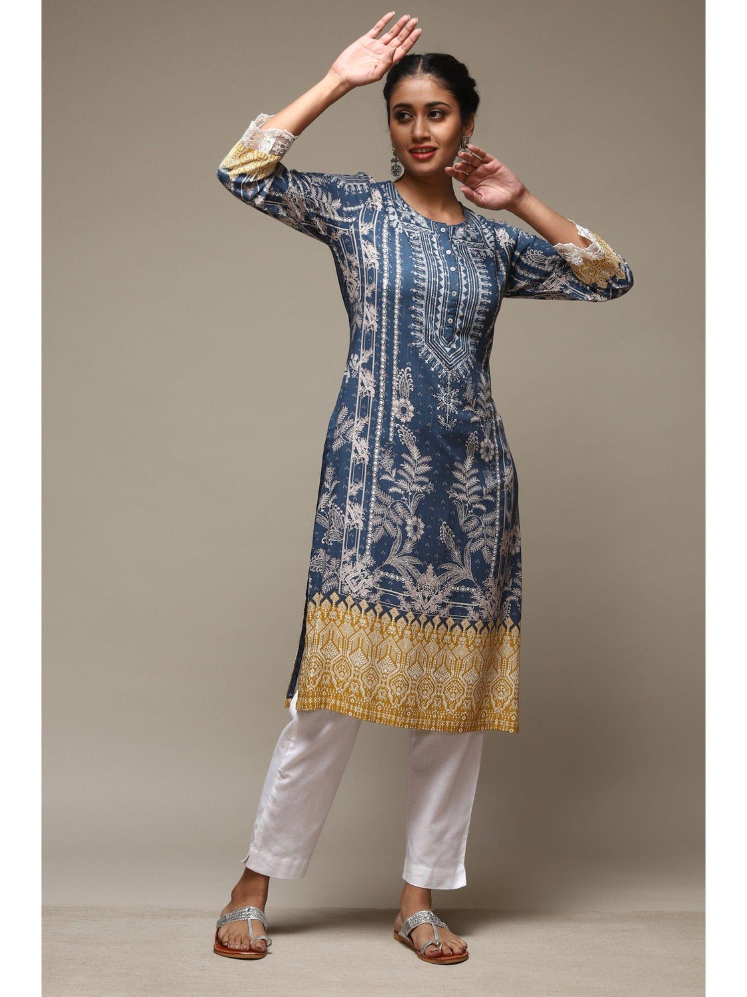 denim blue rayon straight printed kurta