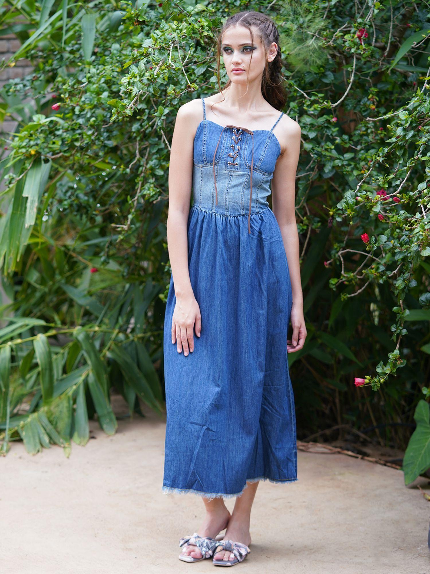 denim blue solid long dress