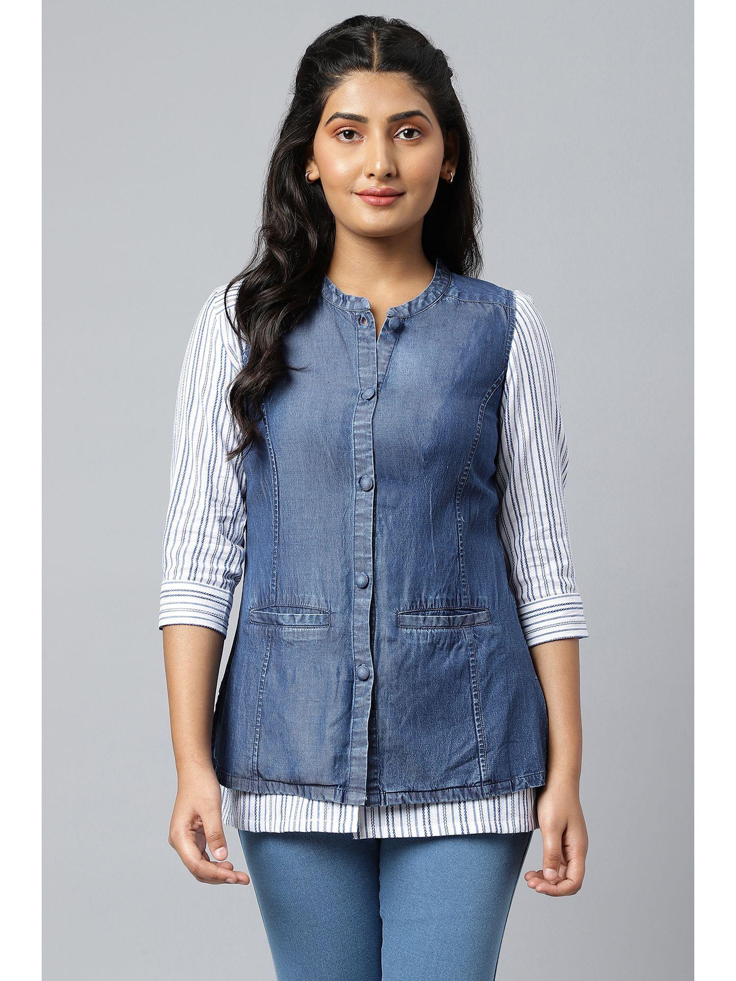 denim blue thread embroidered sleeveless jacket