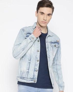 denim button-down jacket with flap pockets