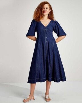 denim button-front fit & flare dress