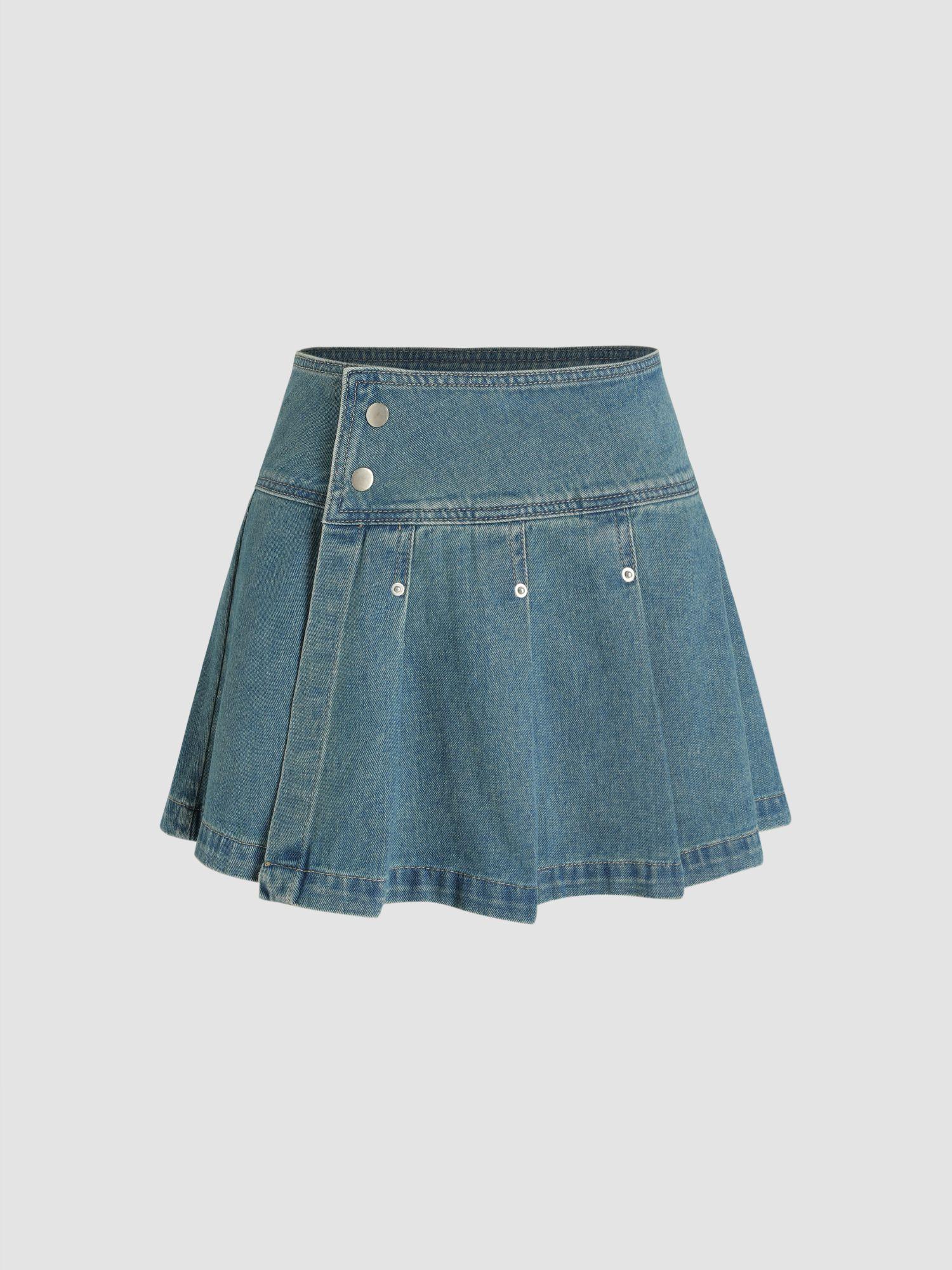denim button pleated mini skirt