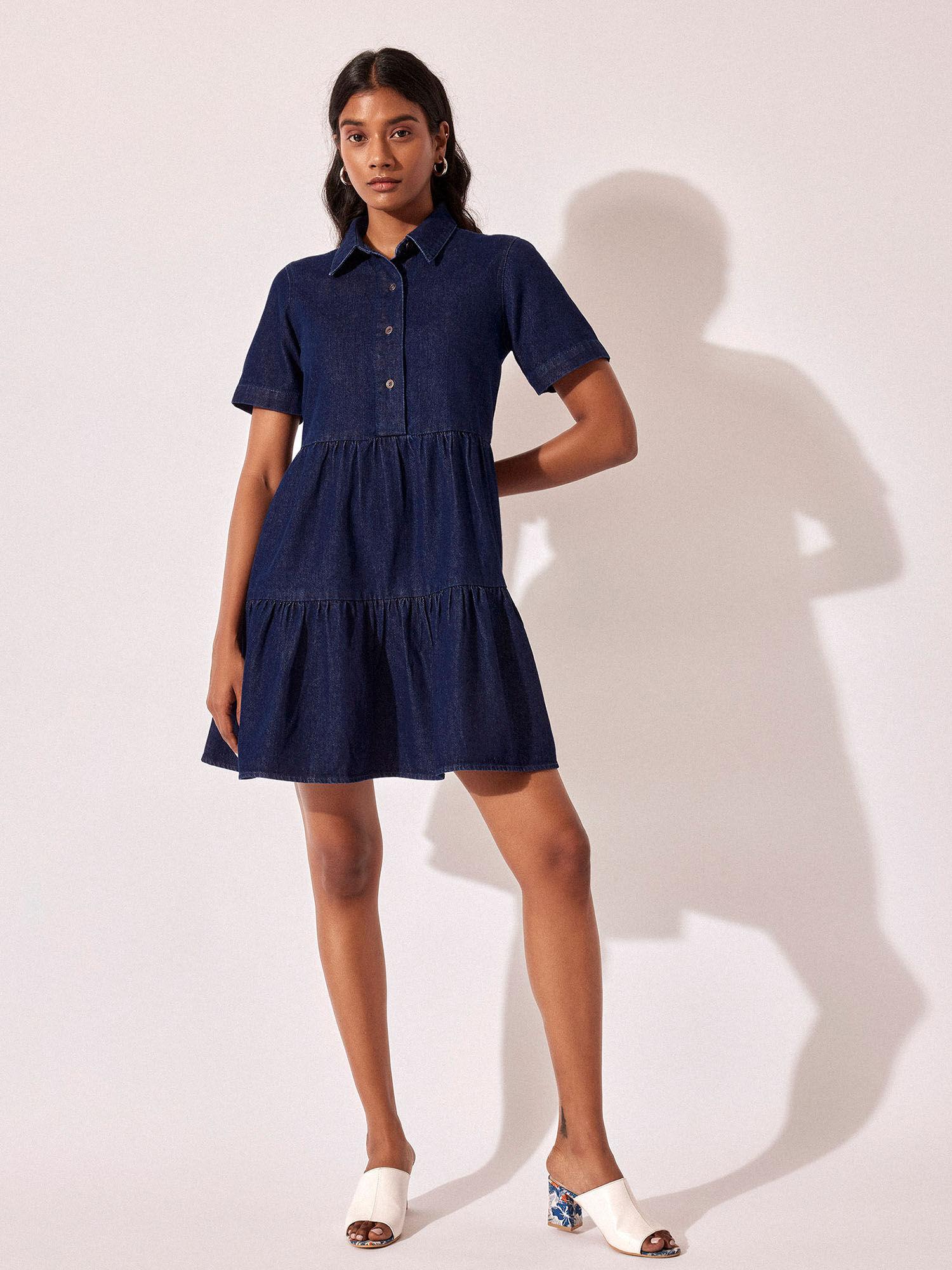 denim collared mini dress blue