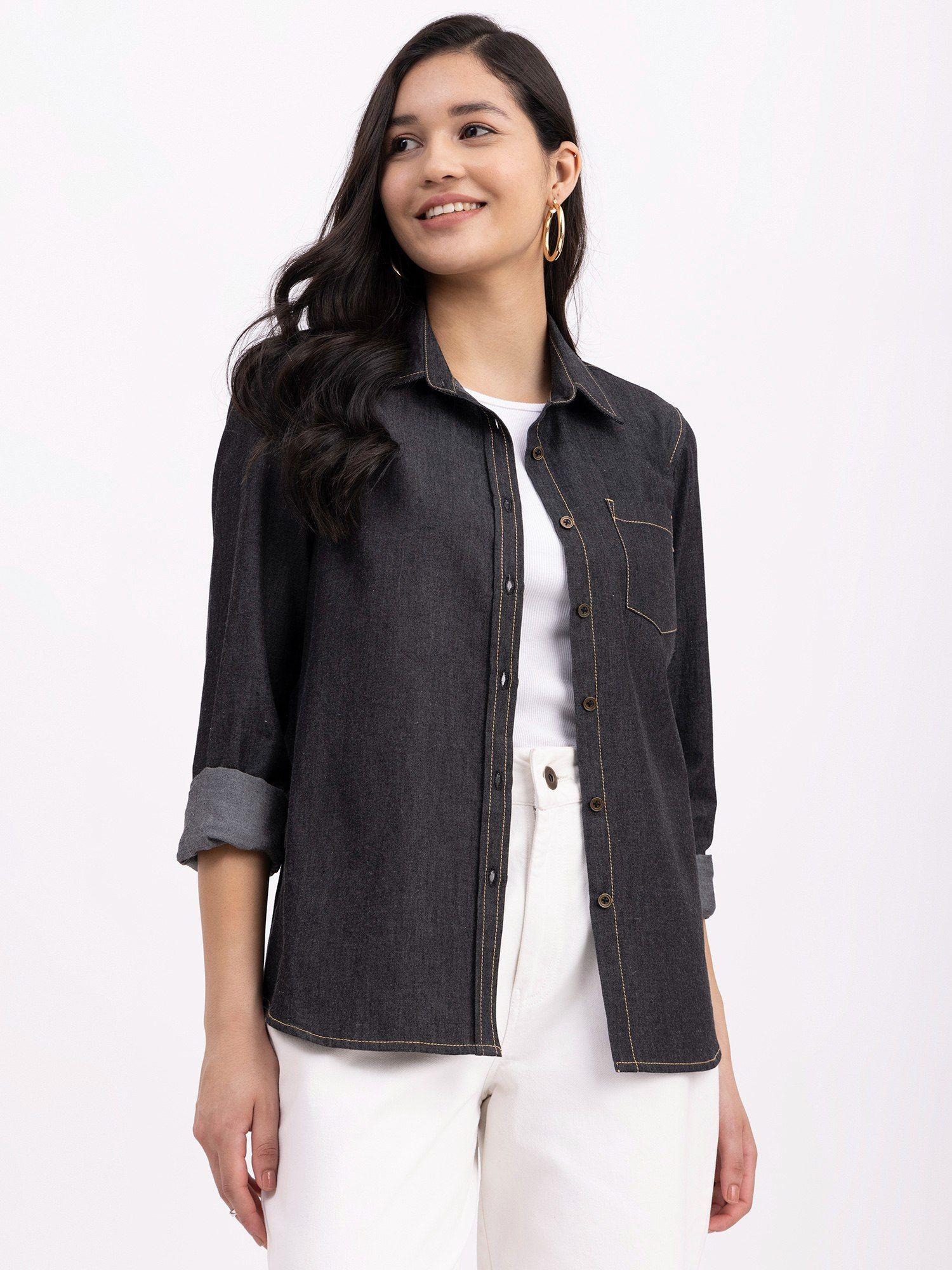 denim collared shirt - black