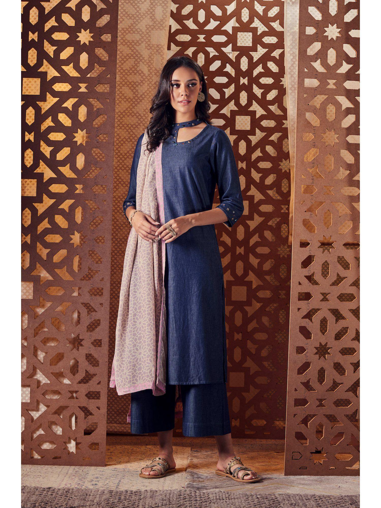 denim cut out kurta (set of 3)