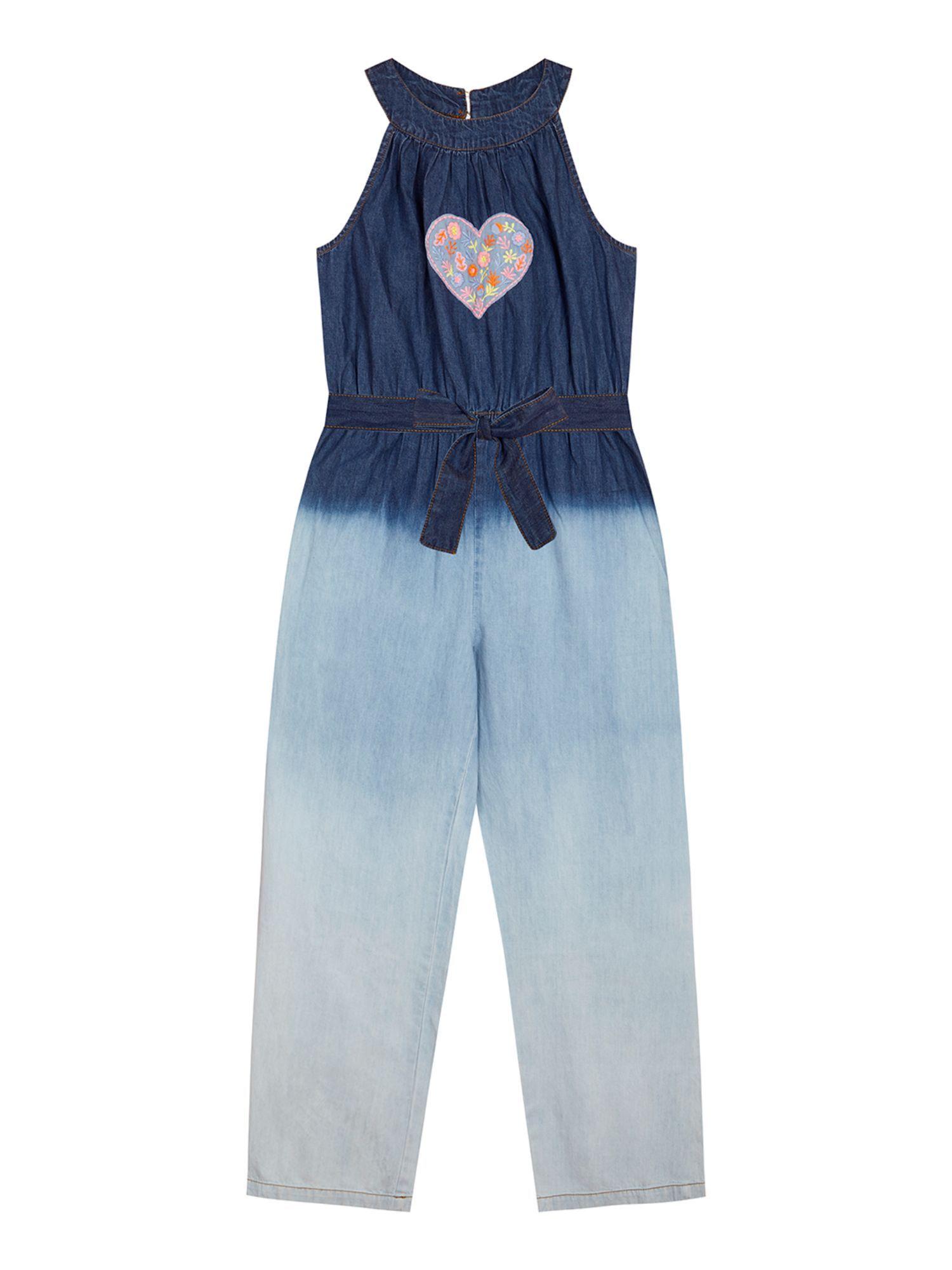 denim darling girls' heart embroidered jumpsuit blue