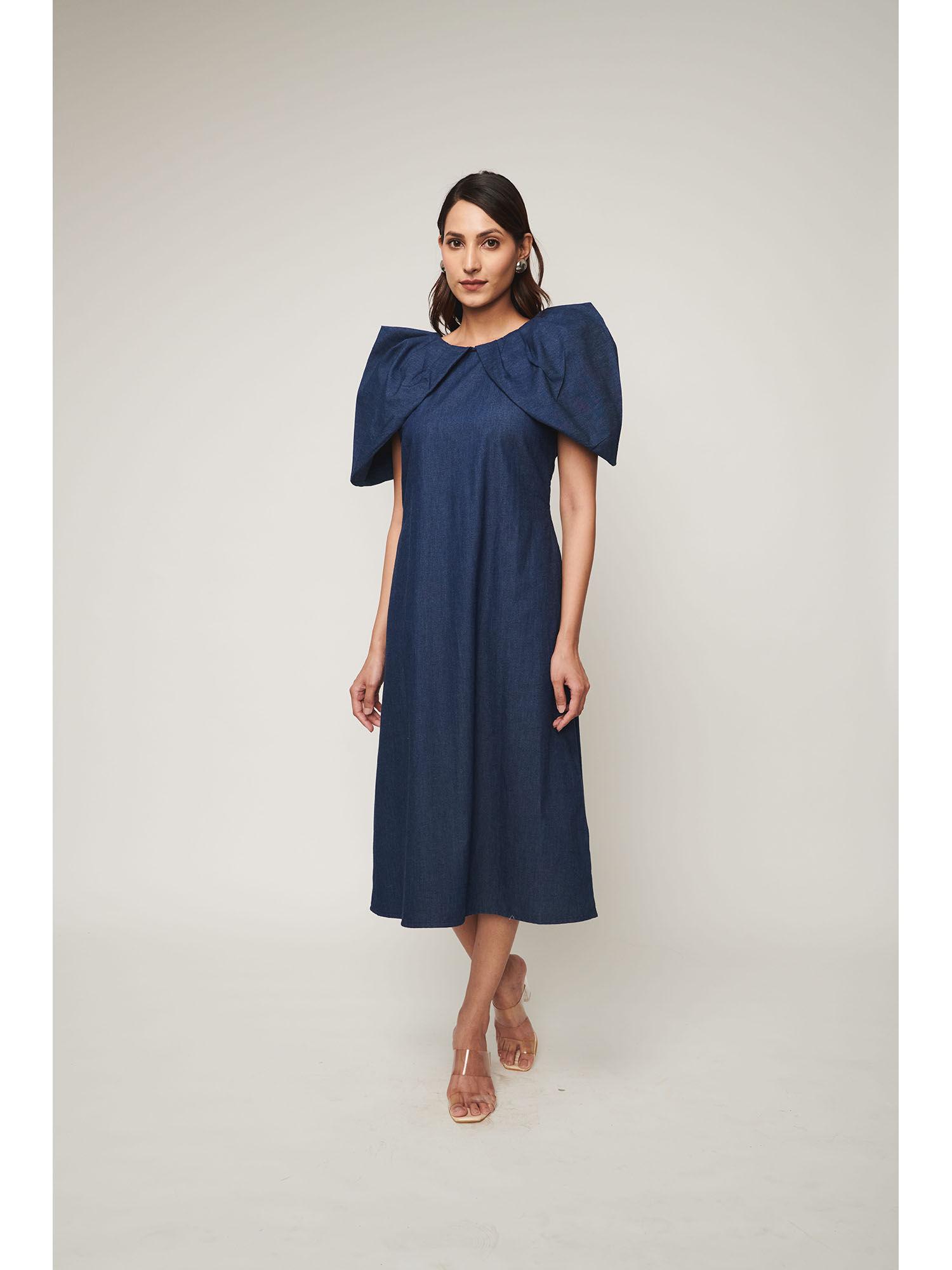 denim dramatic pleated sleeve midi dress