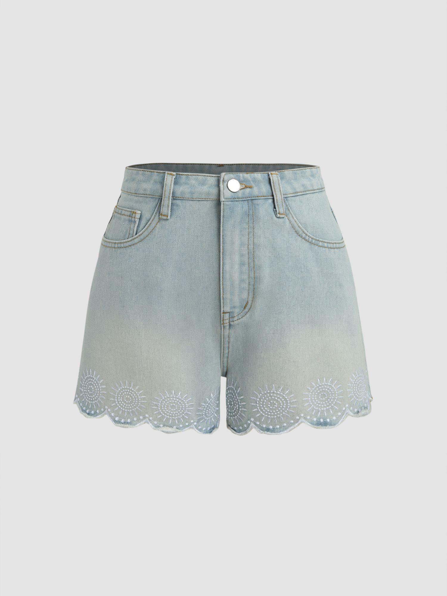 denim floral embroidery fringe shorts