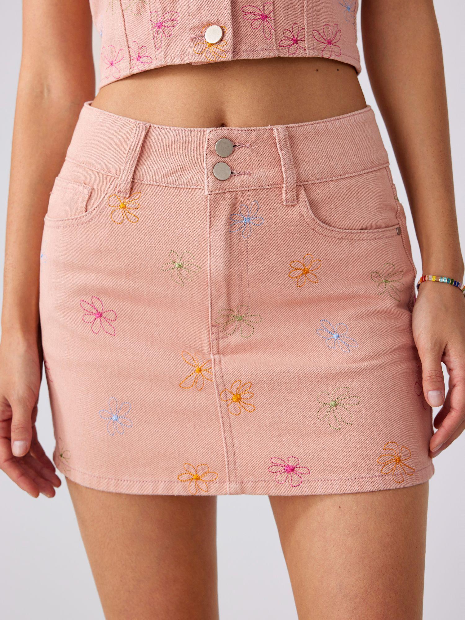denim floral embroidery mini skirt