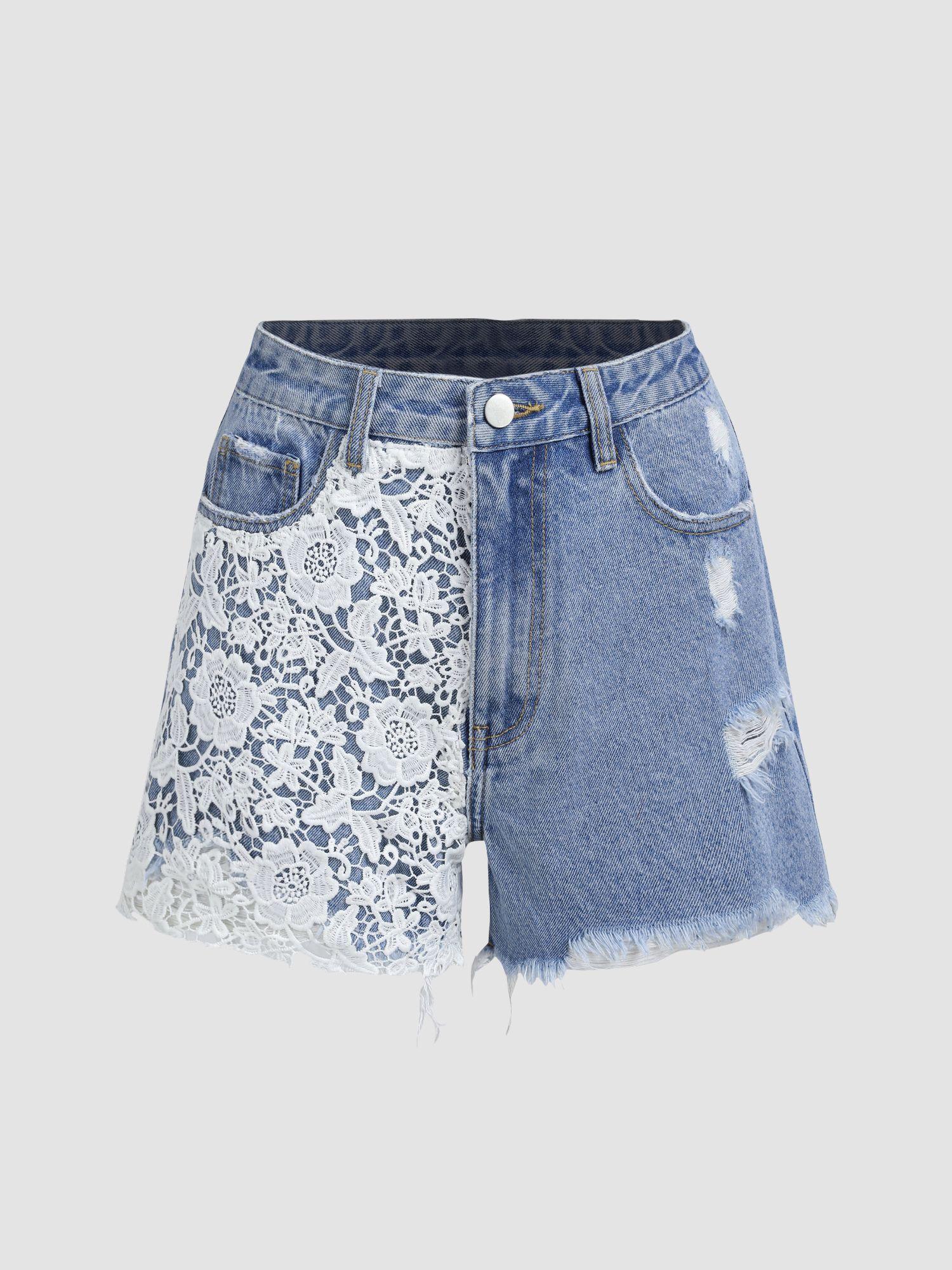 denim floral lace ripped shorts