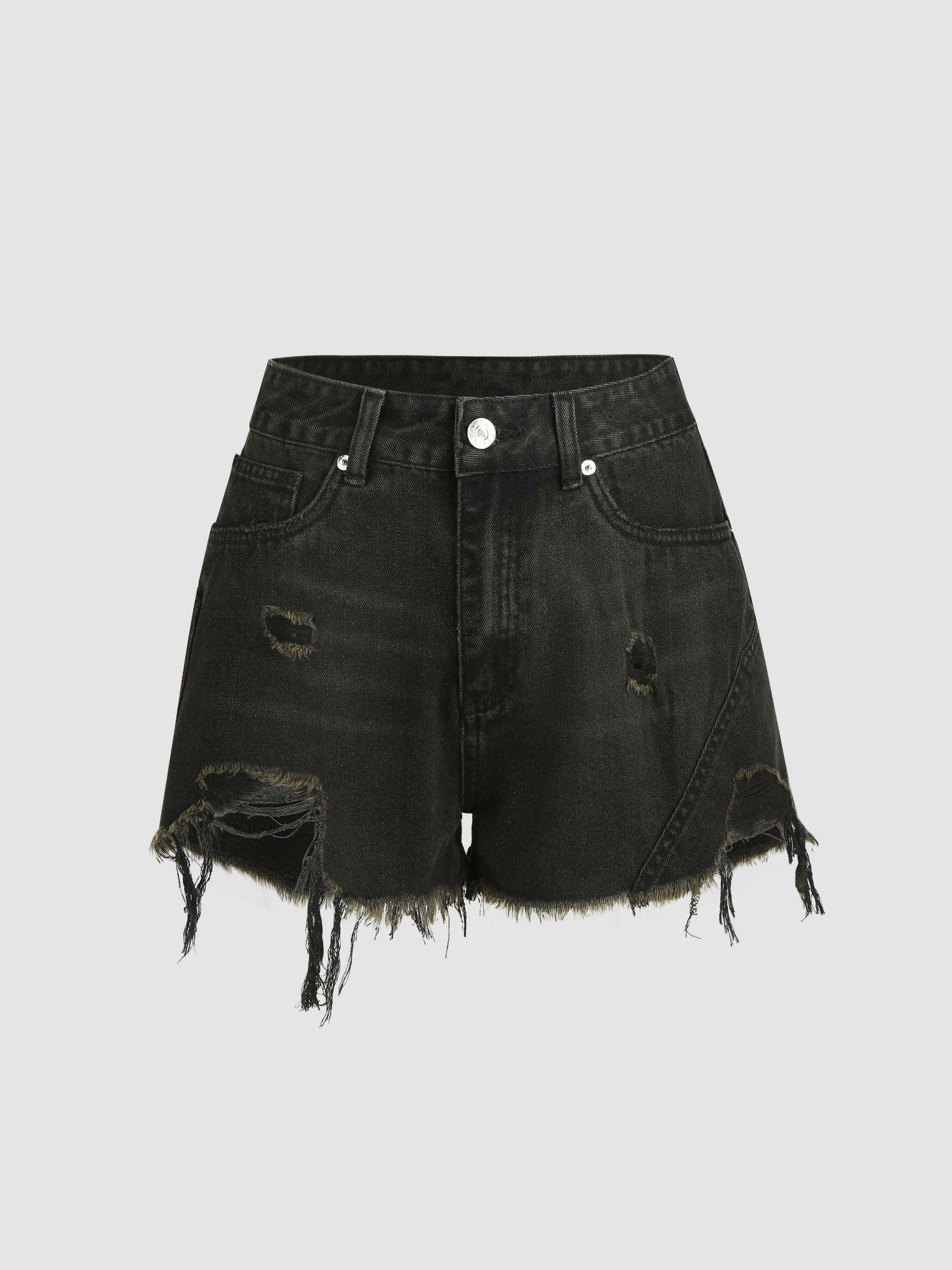 denim fringe ripped shorts